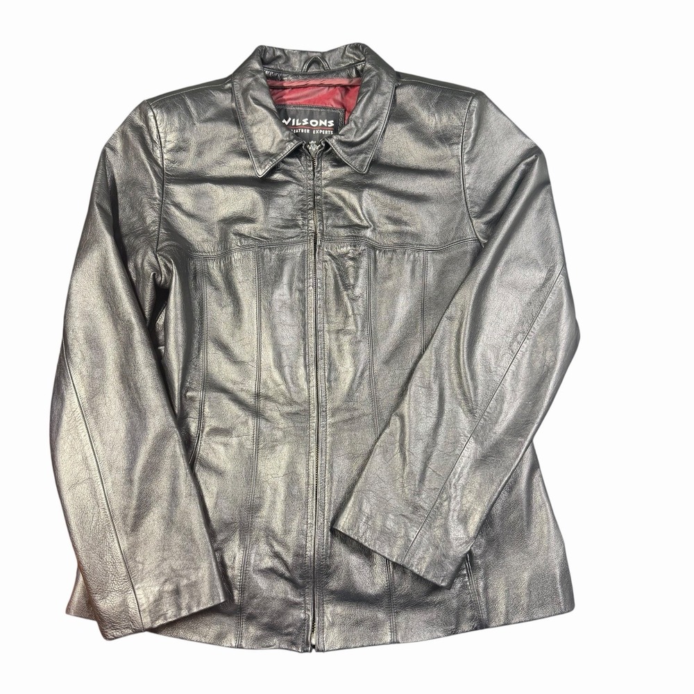 Wilsons Leather Silver Metallic Zip-Up Jacket Womens Size M
